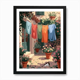 Laundry Hanging On A Clothesline under a cat Art Print