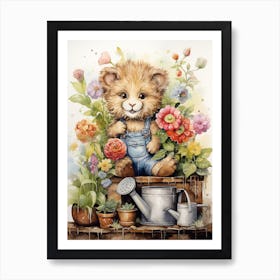 Gardening Watercolour Lion Art Painting 1 Art Print