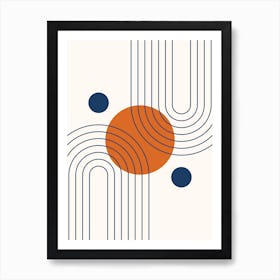 Mid Century Modern Geometric in classy navy blue burnt orange (Rainbow and Sun Abstract Design) Art Print