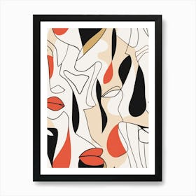 Abstract Face Line Illustration Red & Black Art Print