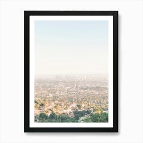 Los Angeles, USA I Panoramic view of LA skyline and downtown at sunset from Griffith Observatory to the retro vintage photography neutral pastel aesthetic of summer light in Hollywood Hills nature countryside Art Print