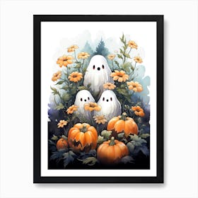 Cute Bedsheet Ghost, Botanical Halloween Watercolour 112 Art Print