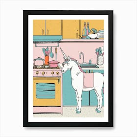 Unicorn In The Kitchen Pastel Illustration 1 Art Print