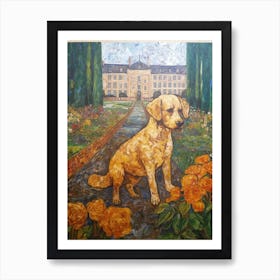 Painting Of A Dog In The Palace Of Versailles Gardens, France In The Style Of Gustav Klimt 02 Art Print