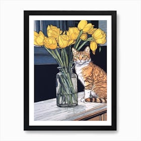 Drawing Of A Still Life Of Daffodils With A Cat 3 Art Print