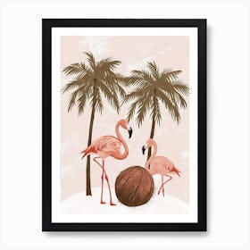 Lesser Flamingo And Coconut Trees Minimalist Illustration 1 Art Print