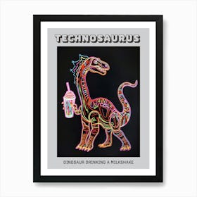 Neon Dinosaur Linework Drinking A Milkshake Poster Art Print