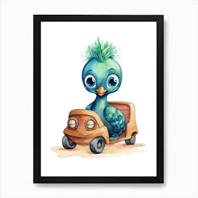 Baby Peacock On A Toy Car, Watercolour Nursery 0 Art Print
