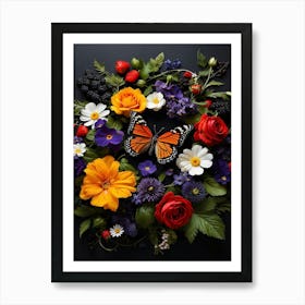 Butterfly On A Wreath Of Flowers Art Print