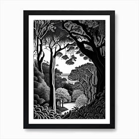 Dubrovnik Arboretum, Croatia Linocut Black And White Vintage Art Print