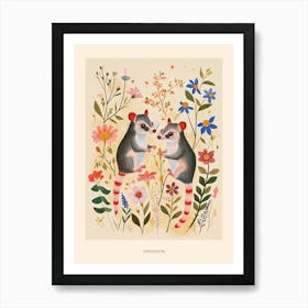 Folksy Floral Animal Drawing Oppossum Poster Art Print