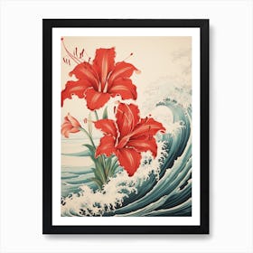 Great Wave With Amaryllis Flower Drawing In The Style Of Ukiyo E 1 Art Print