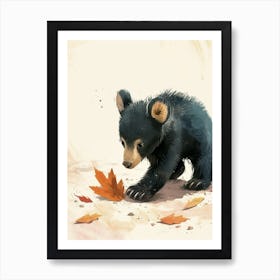 American Black Bear Cub Playing With A Fallen Leaf Storybook Illustration 2 Art Print