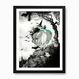 The Little Witch by Ida Rentoul Outhwaite - Remastered Illustration in Black and White - Green Witch With A Broomstick, Frog and Black Cat - Fairytale Vintage Victorian Witchcore Famous Witchy Cottagecore Fairycore Art Print