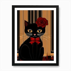 Victorian Black Cat With Red Rose, Black Cat Collection  Art Print