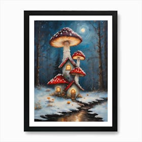Cottagecore Magical Fairies Toadstools House in A Winter Forest - Acrylic Paint Mushrooms Fairy Art With Falling Snow at Night Scene on a Full Moon, Perfect for Witchcore Cottage Core Pagan Tarot Celestial Zodiac Gallery Feature Wall Christmas Yule Beautiful Woodland Creatures Series Fairycore HD Art Print