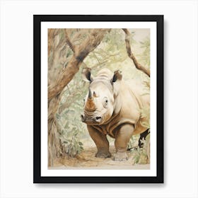 Rhino Under The Tree Vintage Illustration 2 Art Print