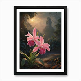 Pink Orchids In The Jungle, Oil painting, Sunrise and ancient structure in the background Art Print