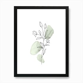Boho Botanical, Line Wildflower, Sage Green Watercolor Art Print