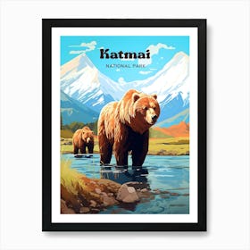 Katmai National Park Alaska Wildlife Travel Art Illustration Art Print