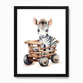 Baby Zebra On A Toy Car, Watercolour Nursery 0 Art Print