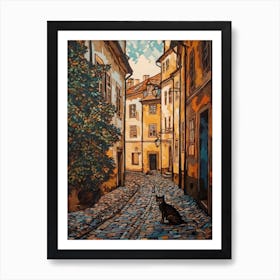 Painting Of Prague With A Cat In The Style Of William Morris 2 Art Print
