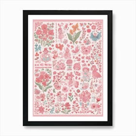 Pink Flowers And Butterflies 1 Art Print