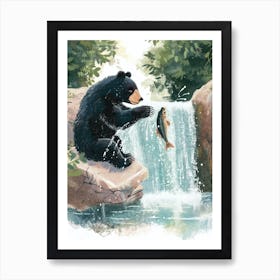 American Black Bear Catching Fish In A Waterfall Storybook Illustration 2 Art Print