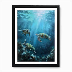 Sea Turtles Illuminated By The Light Underwater 8 Art Print