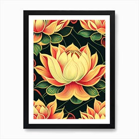 Lotus Flower Pattern Retro Illustration 3 Art Print