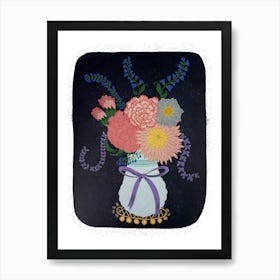 Posy of flowers in a vintage vase On A Dark Blue Backgrond Art Print