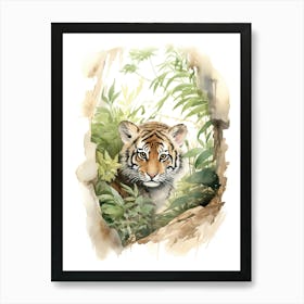 Tiger Illustration Birdwatching Watercolour 1 Art Print