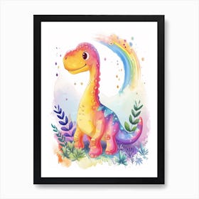 Rainbow Watercolour Brontosaurus Dinosaur 3 Art Print