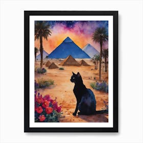 Black Cat in Egypt - A Black Cat Travels Series Visiting Three Pyramids of Giza - Egyptian Great Pyramid Cairo Iconic Ancient Cityscape Traditional Watercolor Art Print Kitty Travels Home and Room Wall Art Cool Decor Klimt and Matisse Inspired Modern Awesome Cool Unique Pagan Witchy Witches Familiar Gift For Cats Lady Animal Lovers World Travelling Genuine Works by British Watercolour Artist Lyra O'Brien Art Print