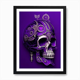 Skull With Steampunk Details 1 Purple Line Drawing Art Print