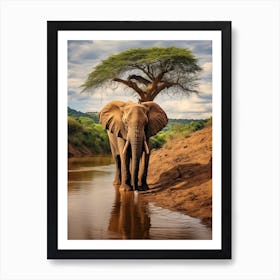 African Elephant Drinking Water Realistic 2 Art Print