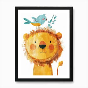 Small Joyful Lion With A Bird On Its Head 6 Art Print