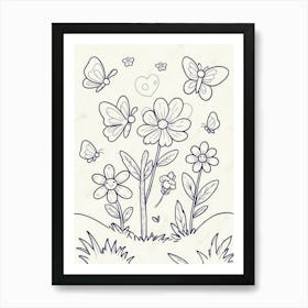 Flowers And Butterflies Coloring Pages Art Print