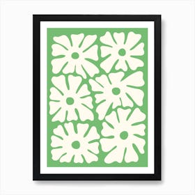 Green and White Mid Century Flowers Art Print