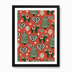 Scandinavian Ornate Folk Art Reindeer, Hearts, Ornaments, and Christmas Trees Art Print