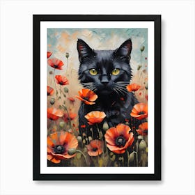 Black Cat Amongst Red Poppies - Oil and Palette Knife Painting of A Beautiful Black Cat Sitting Among the Summer Poppy Flowers - Kitty, Cat Lady, Pagan, Feature Wall, Witch, Fairytale Tarot Bastet Colorful Painting in HD Art Print