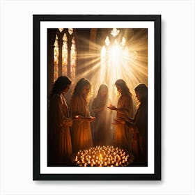 Candlelight Vigil During Spiritual Celebration Rays Of Soft Golden Light Breaking Through Stained G (1) Art Print