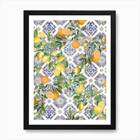Blue azulejos tiles, lemons and oranges Art Print