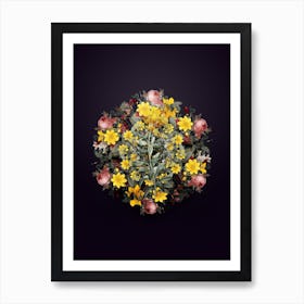 Vintage Yellow Wallflower Bloom Flower Wreath on Royal Purple n.0159 Art Print