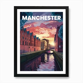 Anime Canvas Art: Industrial Manchester Cityscape with Red-Brick Buildings, Canals, and Reflections, Ideal for Lofi Urban and Nostalgic Decor Fans. Art Print