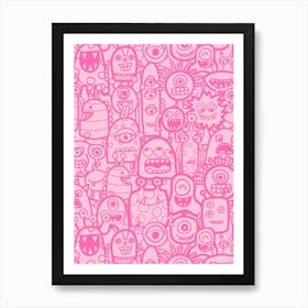 Cute Clusters of Monsters and Aliens Pink Monochrome Kids Art Print