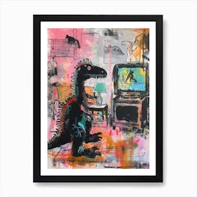Dinosaur Watching Tv Pink Graffiti Brushstroke 1 Art Print