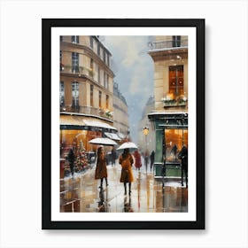 Paris cafes, winter season, Christmas, autumn oil colors, pale colors, pedestrians in the street, winter clothes, falling snow.8 Art Print