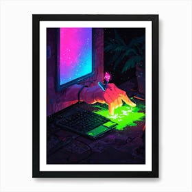 Neon Hand On A Computer Art Print