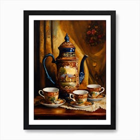 Antique Teapot With Cups Painting Art Print
